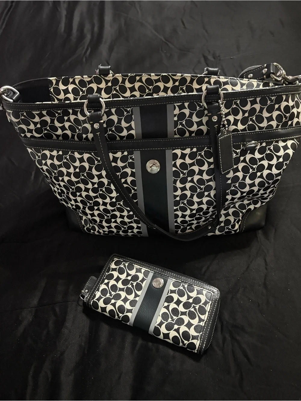 Coach Black & Cream Signature Stripe Tote with Matching Wallet